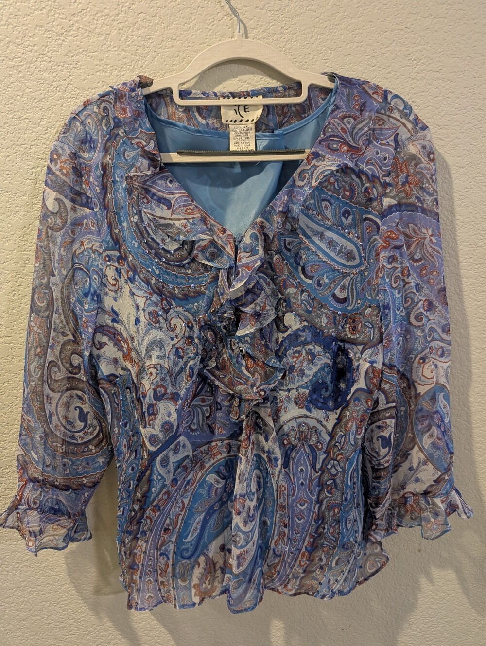 ICE 100% Silk Paisley Ruffle Beaded Blouse Set XL